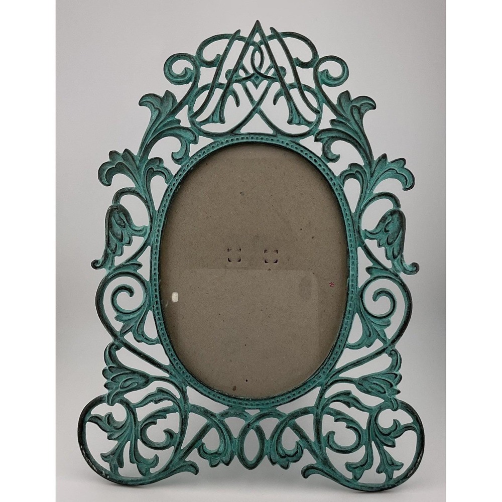 Vintage Looking Verdigris Green Metal Oval Picture Frame Ornate Scroll Tabletop